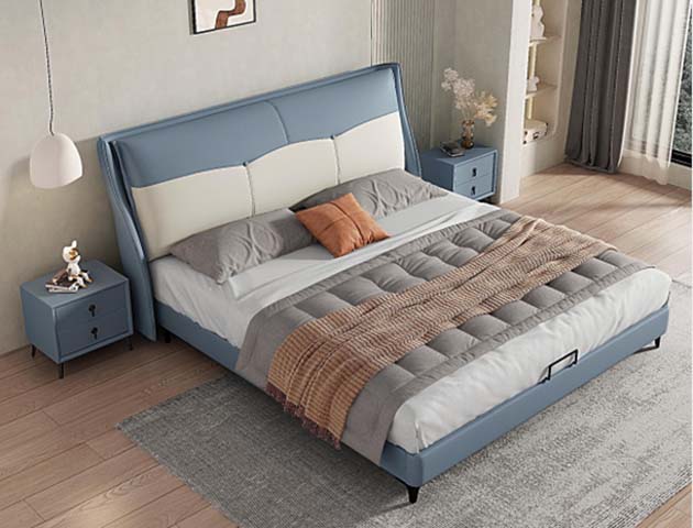Two-Tone Blue White Wingback Upholstered Storage Platform Bed