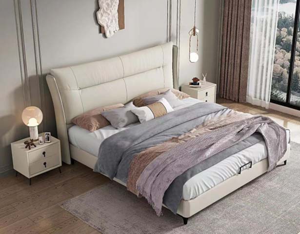 Off-White Upholstered Lift-Storage Platform Bed with Curved Wingback Headboard