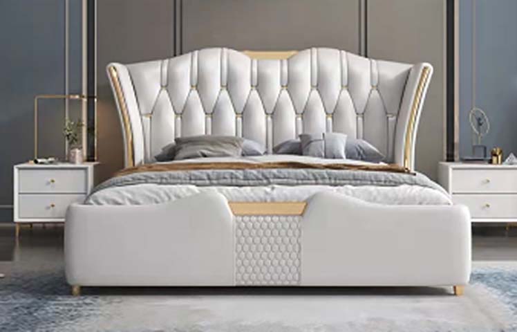 White Wingback Tufted Upholstered Platform Bed with Gold Accents