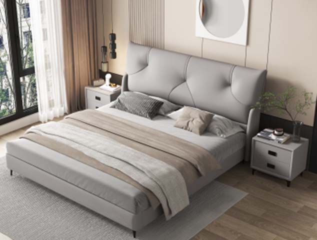 Light Gray Upholstered Platform Bed with Padded Headboard, Queen Size