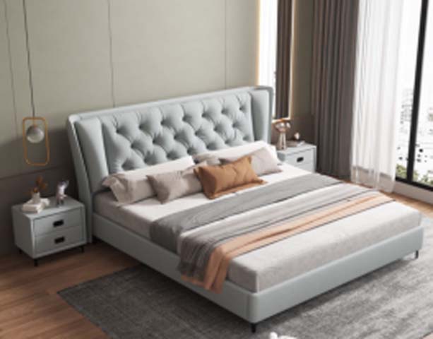 Light Blue Button-Tufted Wingback Upholstered Platform Bed