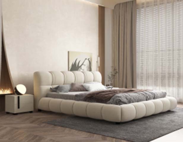 Beige Channel-Tufted Low-Profile Upholstered Platform Bed