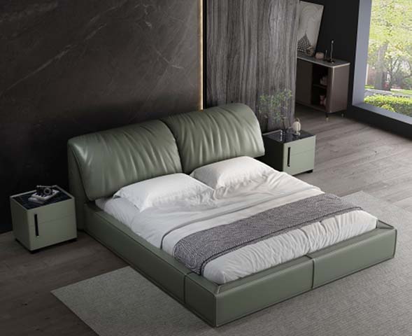 Sage Green Upholstered Low Platform Bed with Split Pleated Curved Headboard