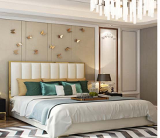 White Vertical Channel Upholstered Platform Bed with Polished Gold Metal Frame