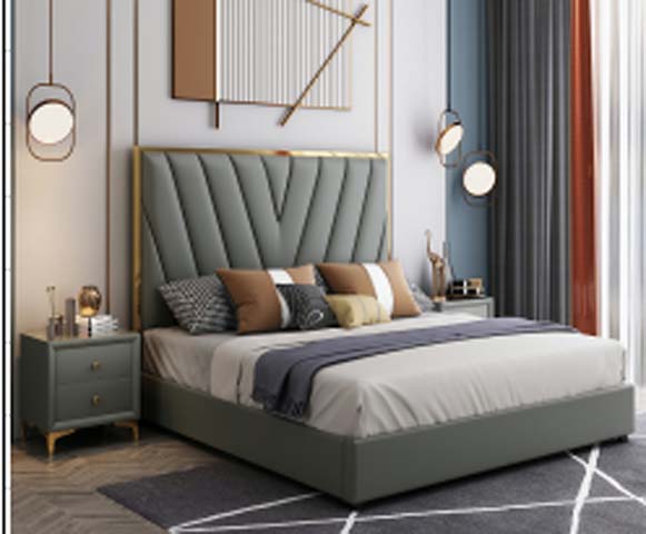 Modern Sage Green V-Channel Tufted Upholstered Platform Bed with Gold Trim