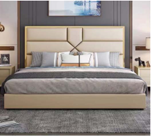Light Beige Upholstered Low-Profile Platform Bed with Gold Geometric Cross Headboard