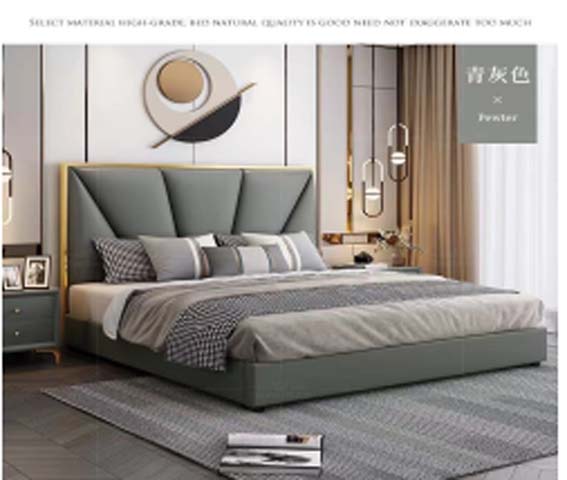 Blue-Grey Upholstered Low-Profile Platform Bed with Gold-Trimmed Geometric V-Facet Headboard