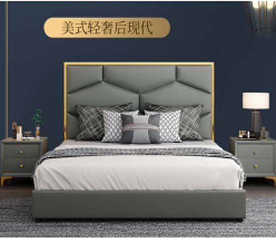 American Post-Modern Light Luxury Grey Upholstered Double Bed with Gold Trim
