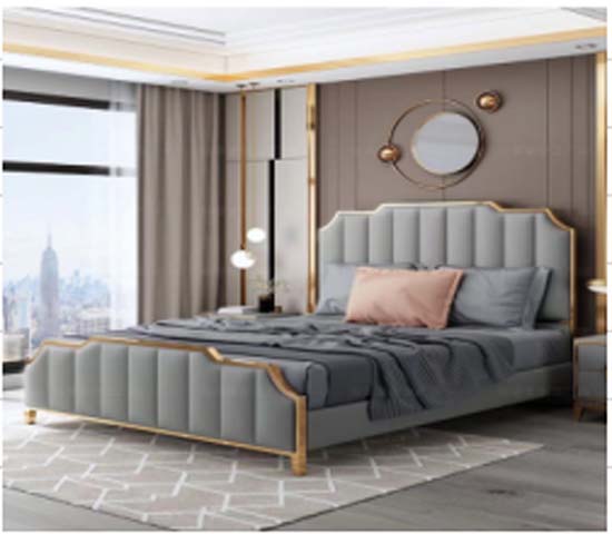 Light Gray Channel-Tufted Upholstered Platform Bed with Gold Metal Trim