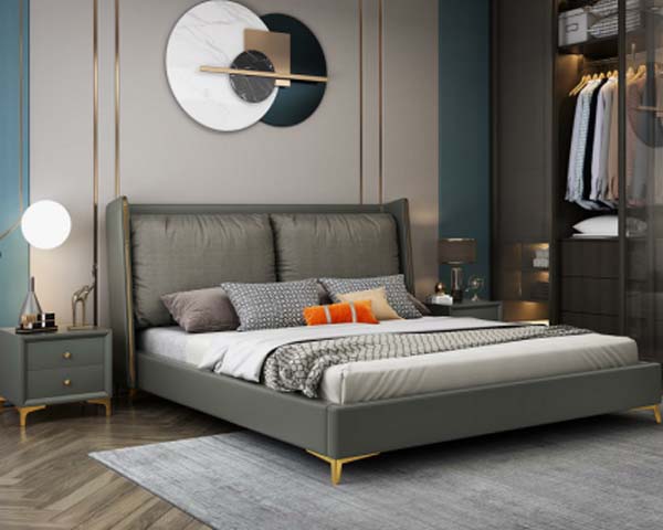 Light Gray Upholstered Wingback Platform Bed with Gold Tapered Legs (Queen Size)
