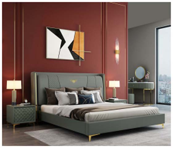 Muted Grey-Green Upholstered King Platform Bed with Gold Accents