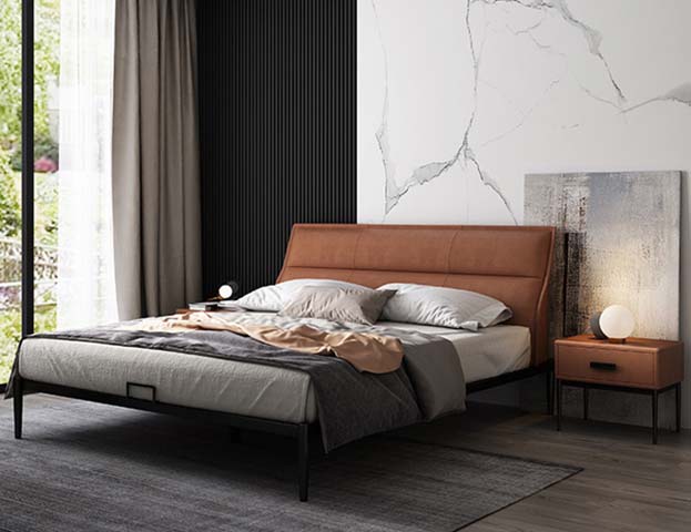 Cognac Faux Leather Upholstered Platform Bed with Black Metal Frame