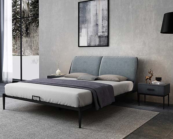 Light Blue Split Upholstered Low-Profile Platform Bed with Black Metal Frame