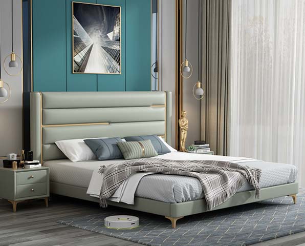 Light Sage Green Upholstered Queen Platform Bed with Gold Metal Trim