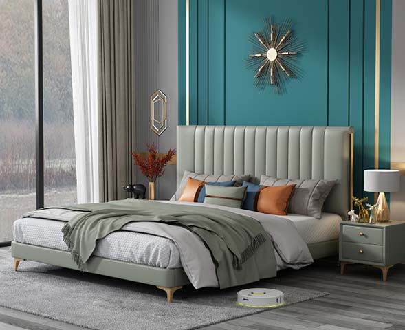Light Grey Channel-Tufted Upholstered Platform Bed with Gold Metal Legs, King Size