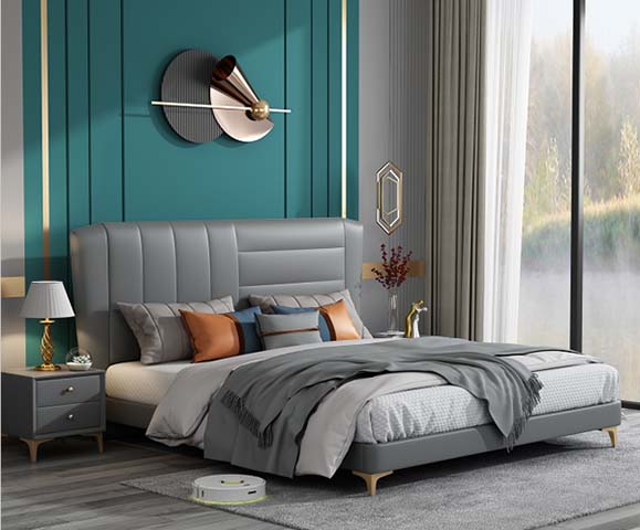 Grey Upholstered Platform Bed with Gold Tapered Legs