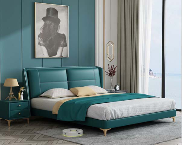 Teal Upholstered Wingback Platform Bed with Gold Metal Legs