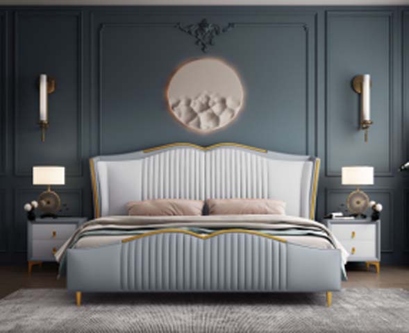 Light Blue-Gray Channel-Tufted Scalloped Wingback Upholstered Platform Bed