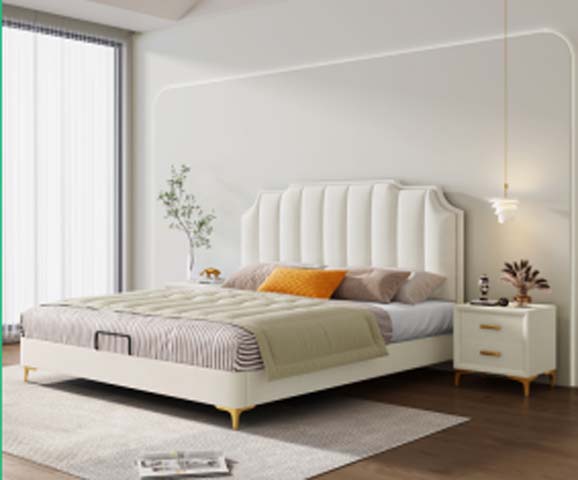 White Channel-Tufted Upholstered Storage Platform Bed with Matching 2-Drawer Gold-Leg Nightstand Set