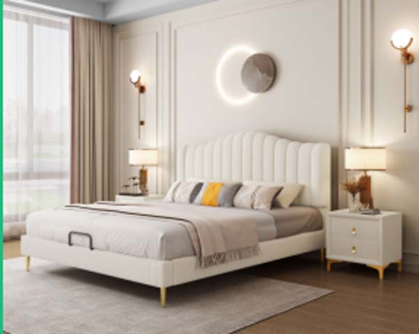 Cream White Vertical Channel Tufted Upholstered King Platform Bed With Gold Tapered Legs And Footboard Storage Pull Handle