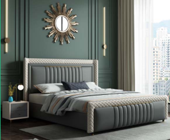 Upholstered Platform Bed with Vertical Channel Tufting and Woven Border Trim
