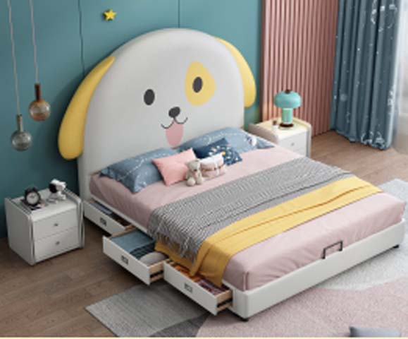 Cartoon Dog Upholstered Kids Platform Storage Bed with Matching Nightstands