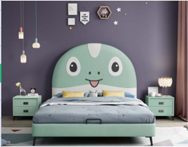 Mint Green Cartoon Dinosaur Upholstered Kids Platform Bed with Matching 2-Drawer Nightstands