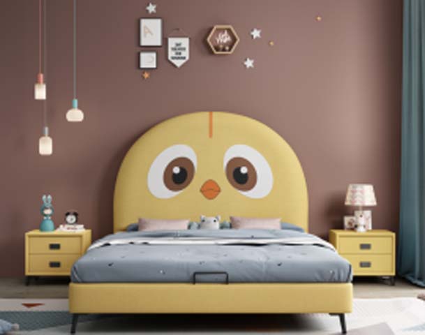 Yellow Chick-Shaped Upholstered Children's Platform Bed with Matching 2-Drawer Nightstands, Underbed Storage