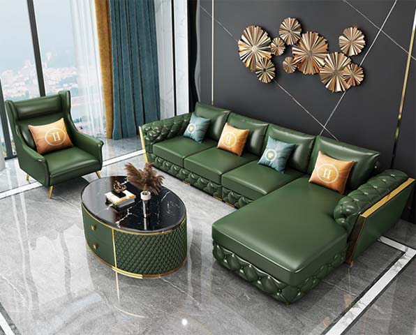 Luxury Dark Green Leather L-Shaped Sectional Sofa 3-Piece Living Room Set