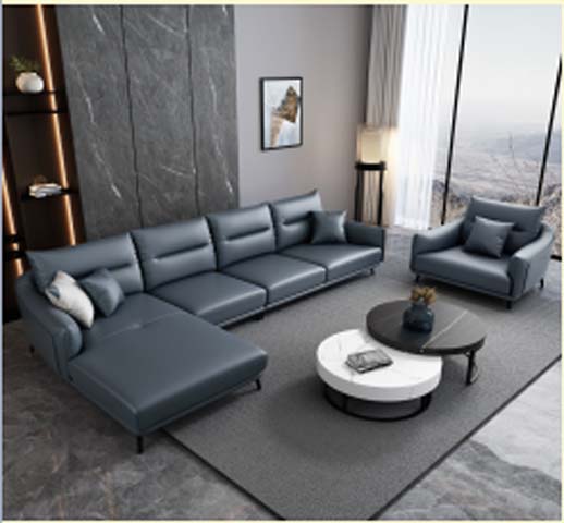 Modern Dark Grey Leather L-Shaped Sectional Sofa Set with Matching Armchair and 2-Piece Nested Round Coffee Tables