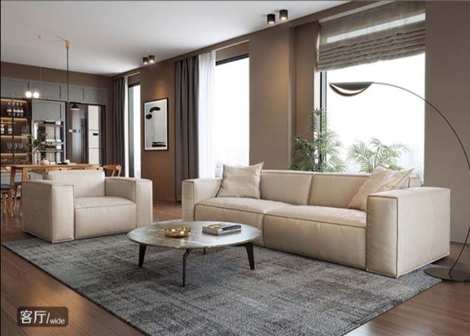 Beige Block Arm Fabric Sofa Set (3-Seat + Armchair)