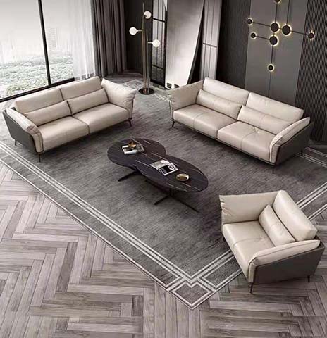 Modern Light Beige Upholstered 3+3+1 Living Room Lounge Set with Double Oval Dark Wood Coffee Table