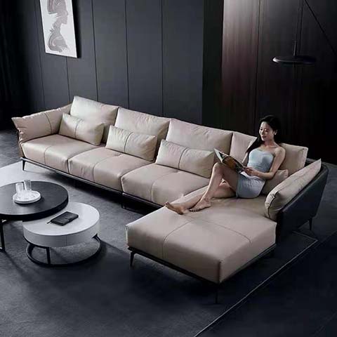 Modern Two-Tone Right-Facing L-Shaped Sectional Sofa with Low Black Metal Base