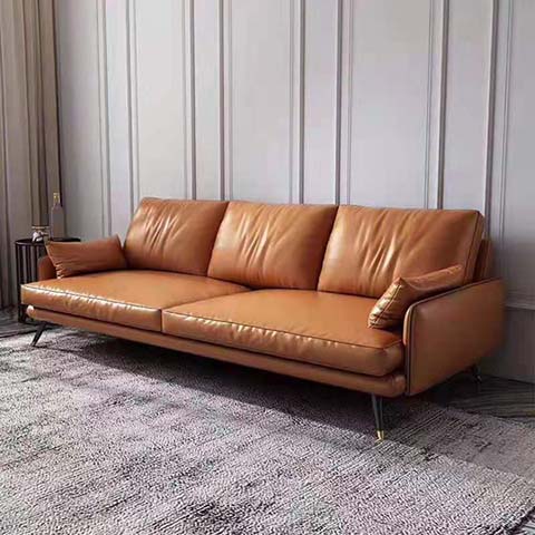 Cognac Brown Leather Three-Seat Sofa