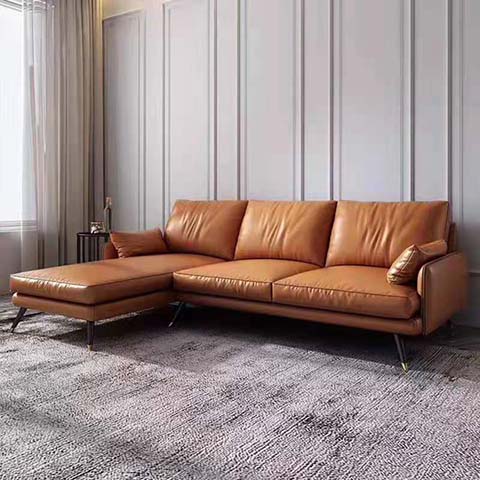 Left-Facing Chaise L-Shaped Tan Leather Sectional Sofa