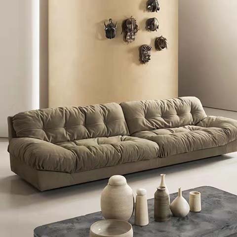 Low-Profile Taupe Ruched Channel-Tufted Four-Seater Upholstered Sofa