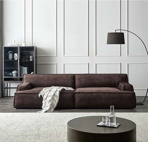 Modern Minimalist Dark Brown Upholstered Two-Seat Block Sofa