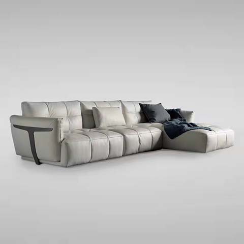 Light Grey Channel-Tufted L-Shaped Modular Sectional Sofa with Integrated Cantilever Side Table