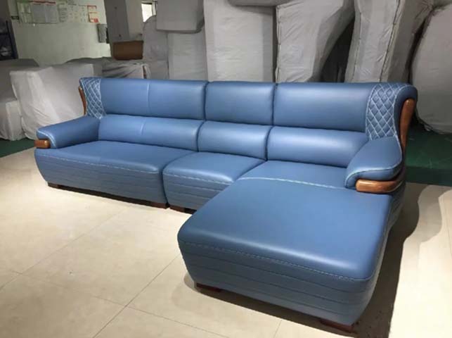 Blue Faux Leather L-Shaped Sectional Sofa with Right Chaise and Wood Arm Accents