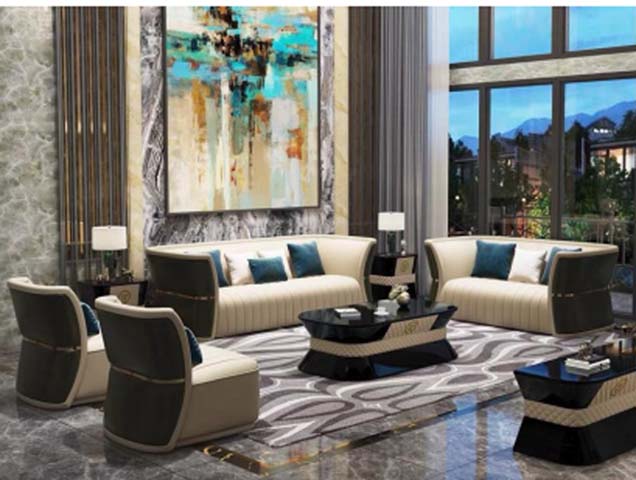 Two-Tone Channel-Tufted 1+2+3 Living Room Sofa Set with Matching Coffee and Side Tables