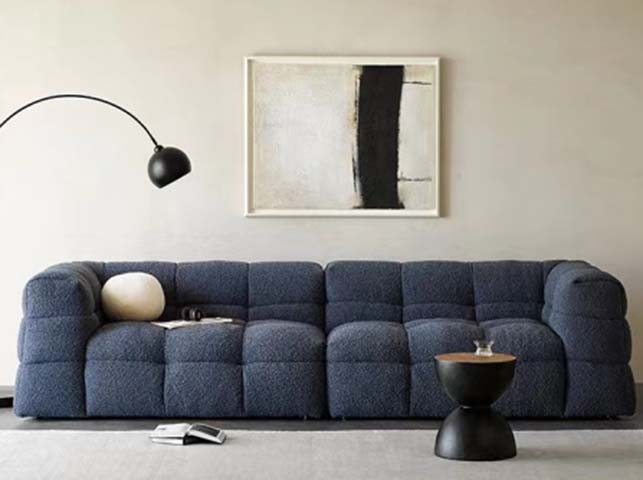 Navy Blue Grid-Tufted Boucle Four-Seater Deep-Seat Sofa