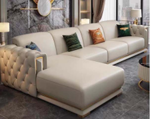 Light Beige Tufted L-Shaped Sectional Sofa with Left Chaise and Gold Metal Trim