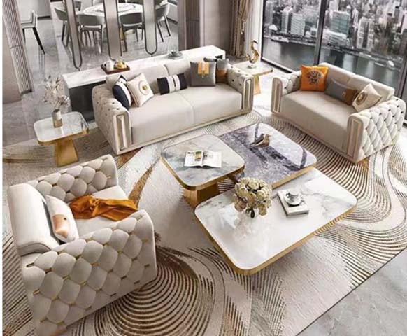 Luxury Cream Tufted Leather 3+2+1 Living Room Sofa Set with Matching Marble-Top Gold-Base Nesting Coffee Tables