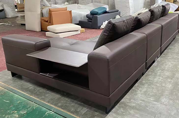 Dark Brown Leather Modular L-Shaped Sectional Sofa with Integrated Fold-Out Side Table