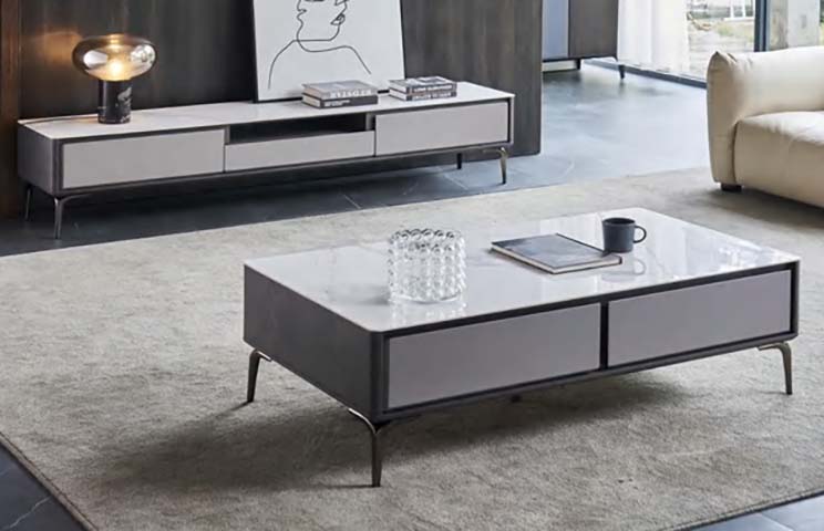Modern Rectangular Glossy Sintered Stone Coffee Table with Two Drawers and Gunmetal Angled Metal Legs