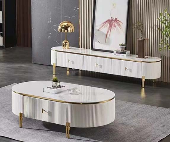 White Fluted Stone-Top Gold-Leg 2-Piece TV Stand and Oval Coffee Table Living Room Set