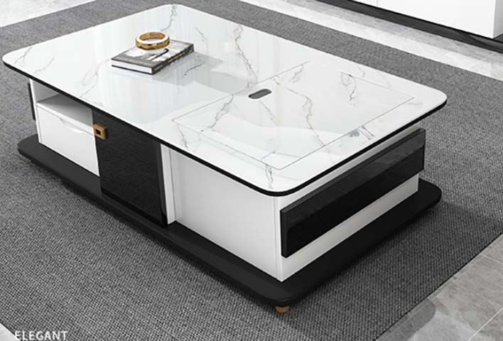 Modern Lift-Top Storage Coffee Table with Faux Marble Top, Black-White Two-Tone Finish