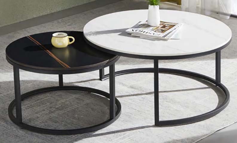 Nesting Round Coffee Table Set with Two-Tone Tabletops and Black Metal Frame