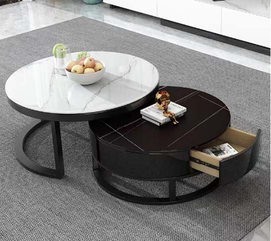 Modern Two-Tone Nested Round Coffee Table Set with Storage Drawer