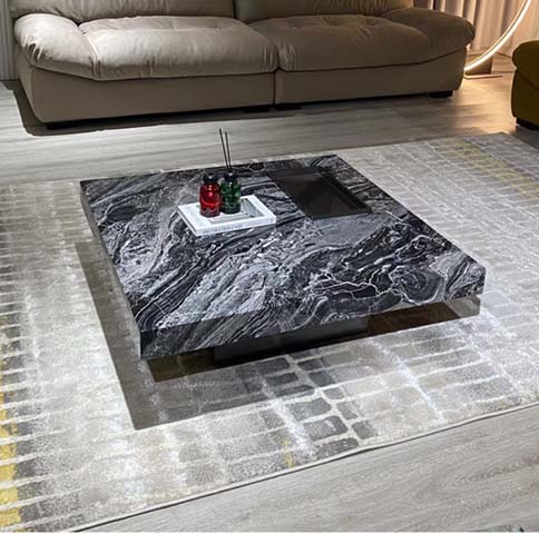 Square Black Veined Natural Marble Coffee Table with Recessed Plinth Base